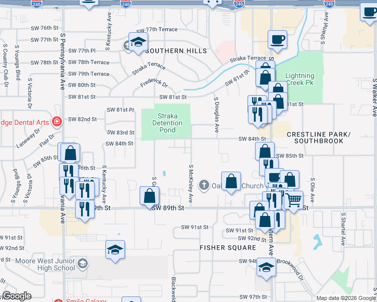 map of restaurants, bars, coffee shops, grocery stores, and more near 8615 South McKinley Avenue in Oklahoma City