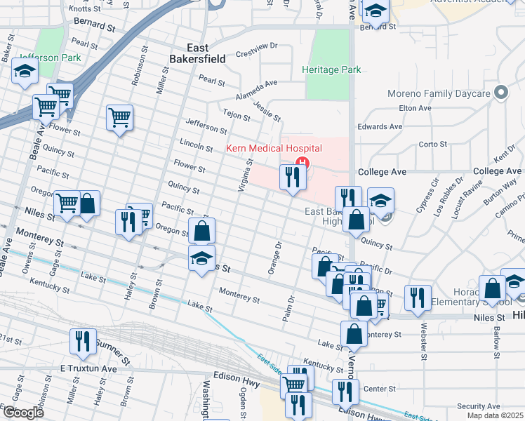 map of restaurants, bars, coffee shops, grocery stores, and more near Quincy Street & West Drive in Bakersfield