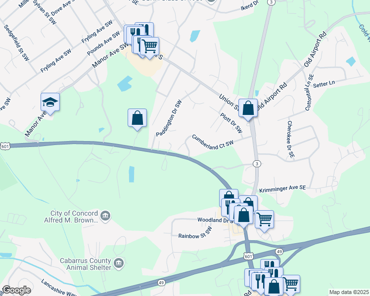 map of restaurants, bars, coffee shops, grocery stores, and more near 112 Cumberland Court Southwest in Concord