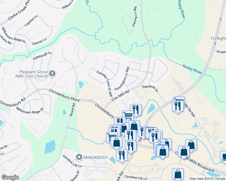 map of restaurants, bars, coffee shops, grocery stores, and more near 2345 Donnington Lane Northwest in Concord