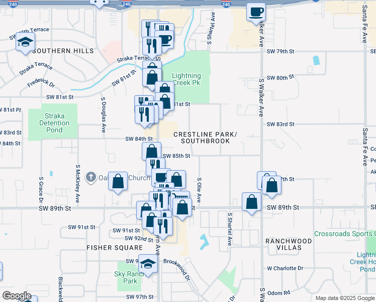 map of restaurants, bars, coffee shops, grocery stores, and more near 801 Southwest 85th Street in Oklahoma City