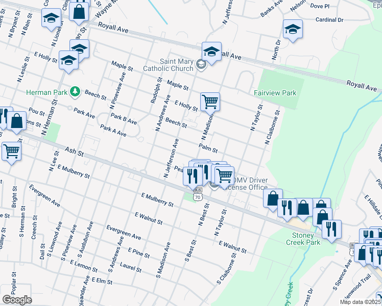 map of restaurants, bars, coffee shops, grocery stores, and more near 1613 Rose Street in Goldsboro