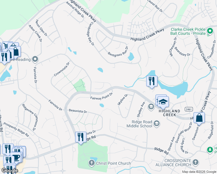 map of restaurants, bars, coffee shops, grocery stores, and more near 6825 Fairway Point Drive in Charlotte
