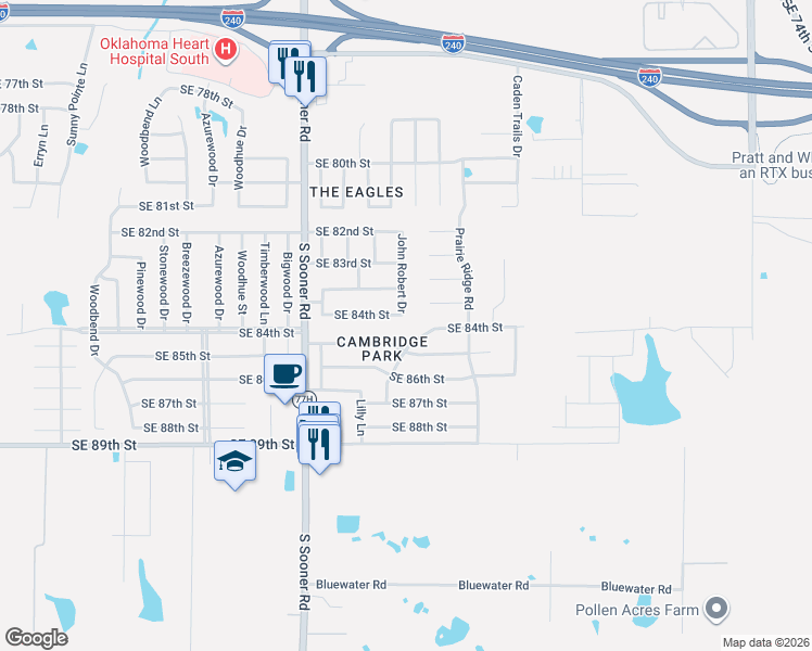 map of restaurants, bars, coffee shops, grocery stores, and more near 8516 Jenny Lane in Oklahoma City