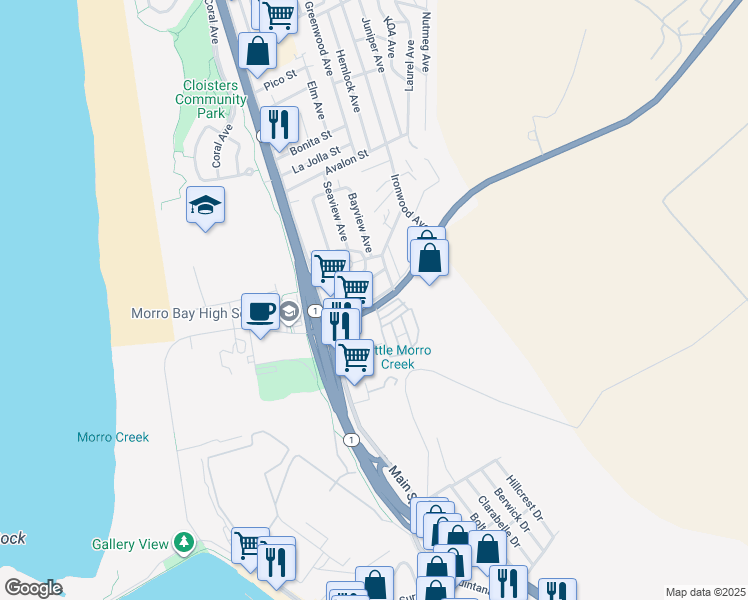 map of restaurants, bars, coffee shops, grocery stores, and more near 500 Atascadero in Morro Bay