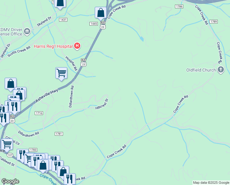 map of restaurants, bars, coffee shops, grocery stores, and more near 183 Tulip Drive in Sylva