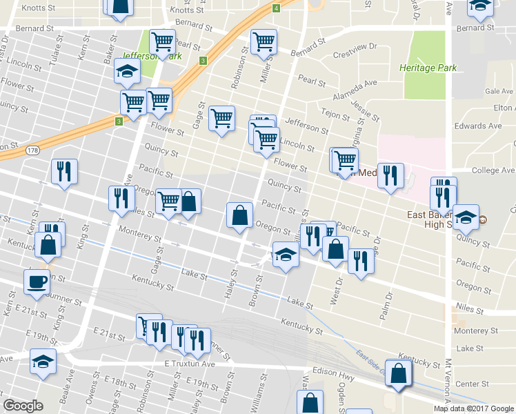 map of restaurants, bars, coffee shops, grocery stores, and more near 2 Pacific Street in Bakersfield