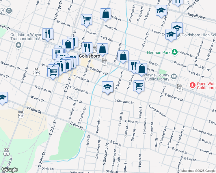 map of restaurants, bars, coffee shops, grocery stores, and more near 503 East Walnut Street in Goldsboro