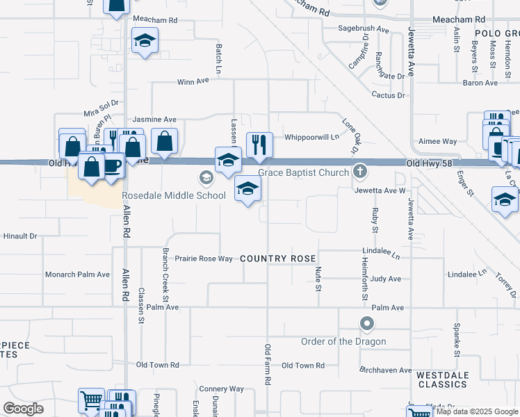 map of restaurants, bars, coffee shops, grocery stores, and more near 2345 Old Farm Road in Bakersfield