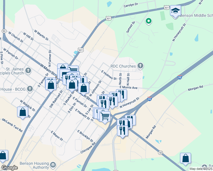 map of restaurants, bars, coffee shops, grocery stores, and more near 308 East Morgan Street in Benson