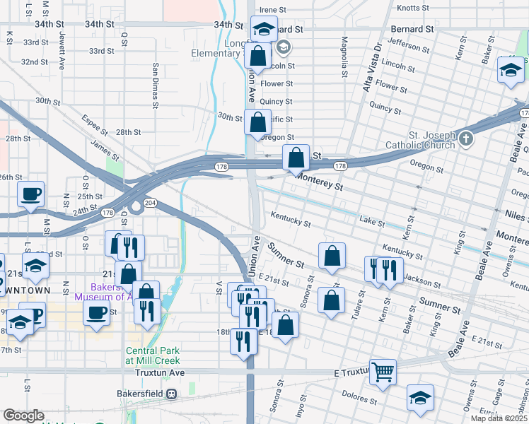 map of restaurants, bars, coffee shops, grocery stores, and more near 2 Kentucky Street in Bakersfield