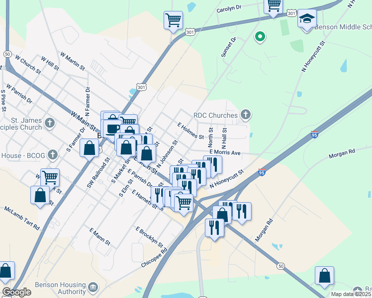 map of restaurants, bars, coffee shops, grocery stores, and more near 308 East Morgan Street in Benson