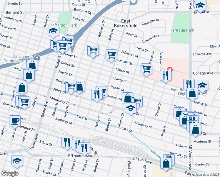 map of restaurants, bars, coffee shops, grocery stores, and more near 1432 Oregon Street in Bakersfield