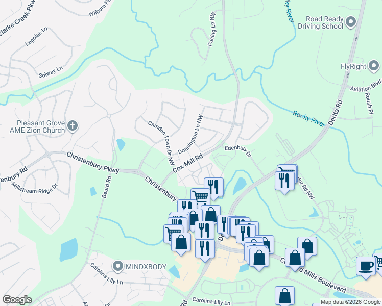map of restaurants, bars, coffee shops, grocery stores, and more near 9465 Bradford Pear Lane Northwest in Concord