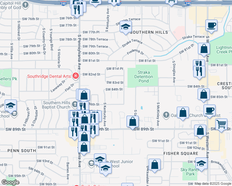 map of restaurants, bars, coffee shops, grocery stores, and more near 8529 Placker Place in Oklahoma City