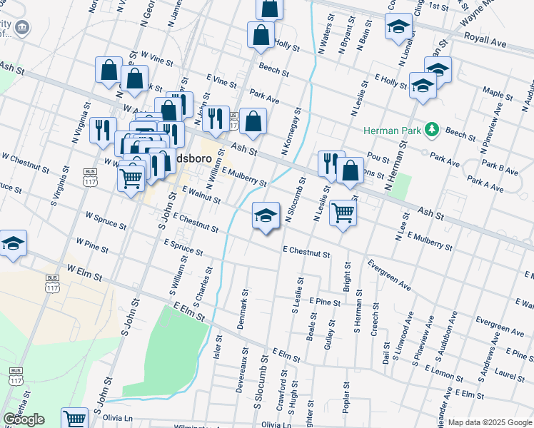 map of restaurants, bars, coffee shops, grocery stores, and more near 503 East Walnut Street in Goldsboro