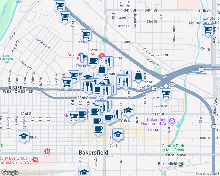 map of restaurants, bars, coffee shops, grocery stores, and more near 2308 K Street in Bakersfield