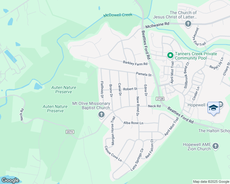 map of restaurants, bars, coffee shops, grocery stores, and more near 6212 Robert Street in Huntersville