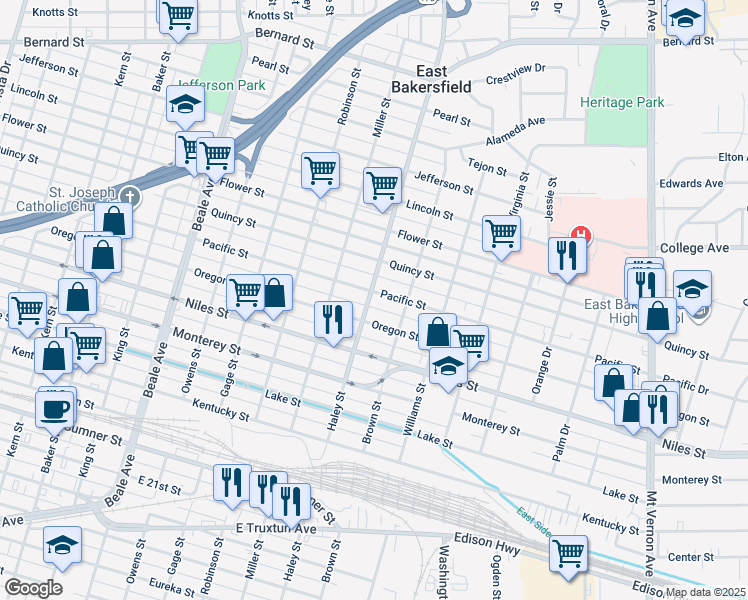 map of restaurants, bars, coffee shops, grocery stores, and more near 1401 Pacific Street in Bakersfield
