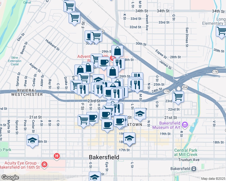 map of restaurants, bars, coffee shops, grocery stores, and more near 2501 Chester Avenue in Bakersfield