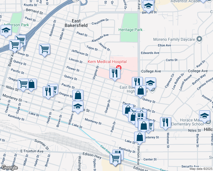 map of restaurants, bars, coffee shops, grocery stores, and more near in Kern County