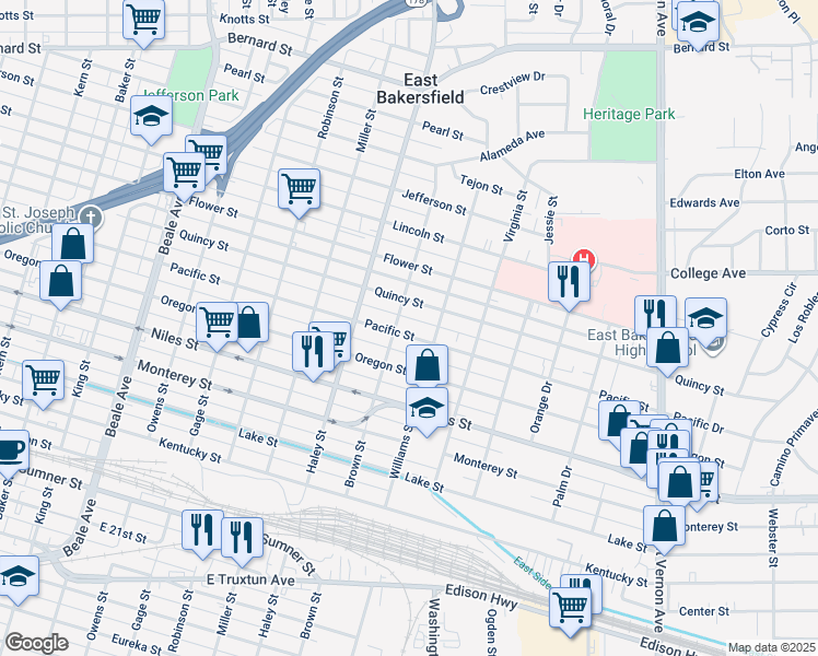 map of restaurants, bars, coffee shops, grocery stores, and more near 1508 Pacific Street in Bakersfield