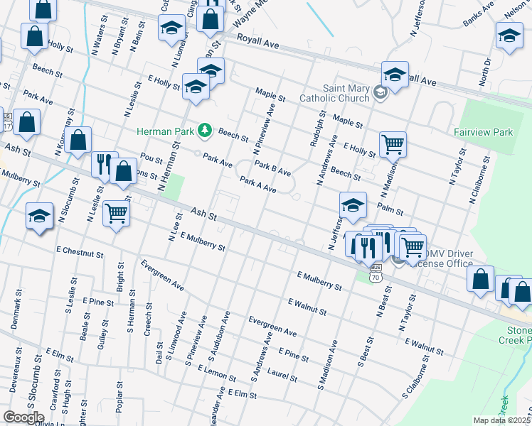map of restaurants, bars, coffee shops, grocery stores, and more near 312 North Audubon Avenue in Goldsboro