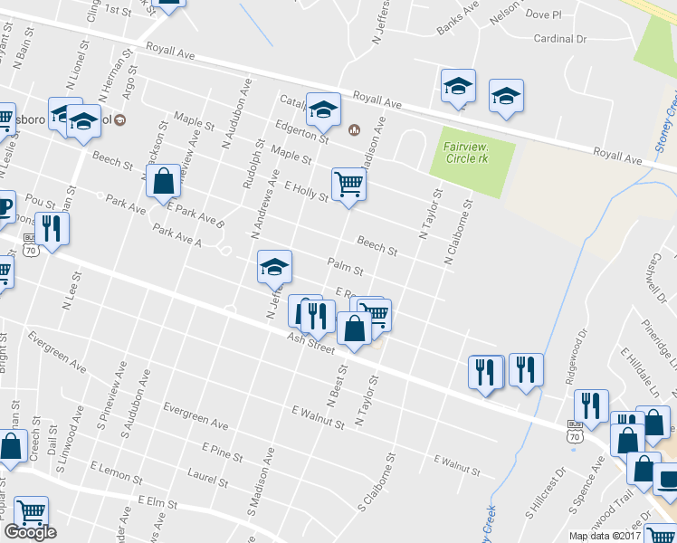 map of restaurants, bars, coffee shops, grocery stores, and more near 1702 Palm Street in Goldsboro
