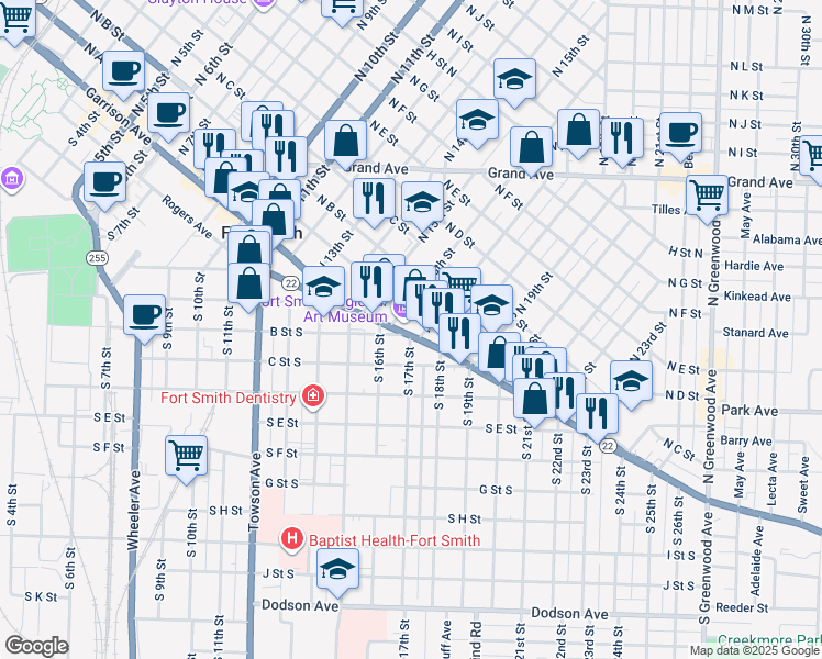 map of restaurants, bars, coffee shops, grocery stores, and more near 1609 Rogers Avenue in Fort Smith