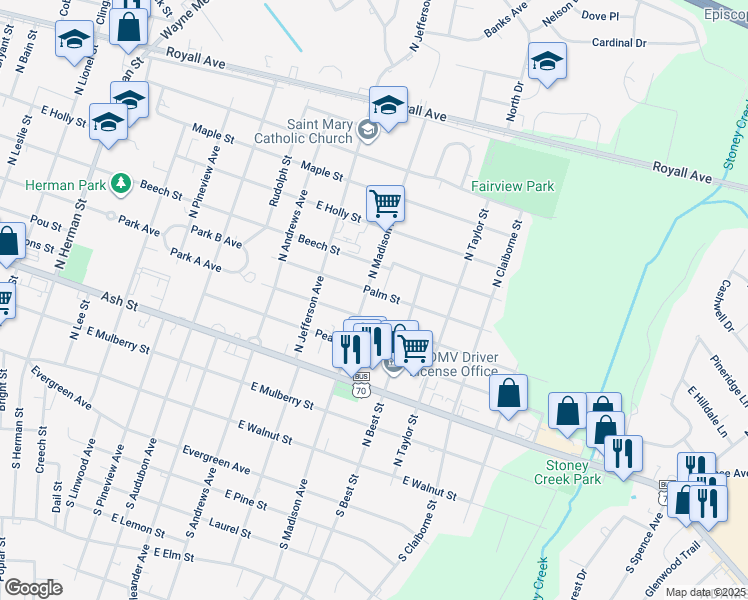 map of restaurants, bars, coffee shops, grocery stores, and more near 1702 Palm Street in Goldsboro