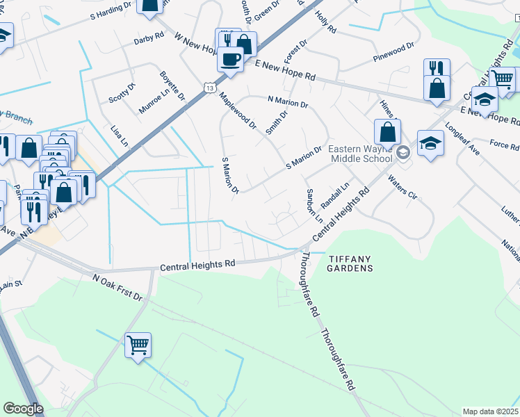 map of restaurants, bars, coffee shops, grocery stores, and more near 103 Jessica Place in Goldsboro