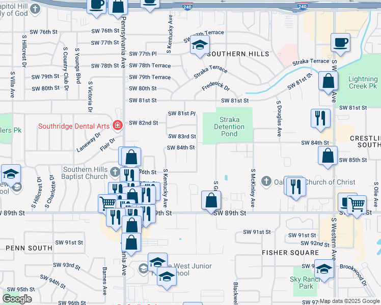 map of restaurants, bars, coffee shops, grocery stores, and more near 8401 South Indiana Avenue in Oklahoma City