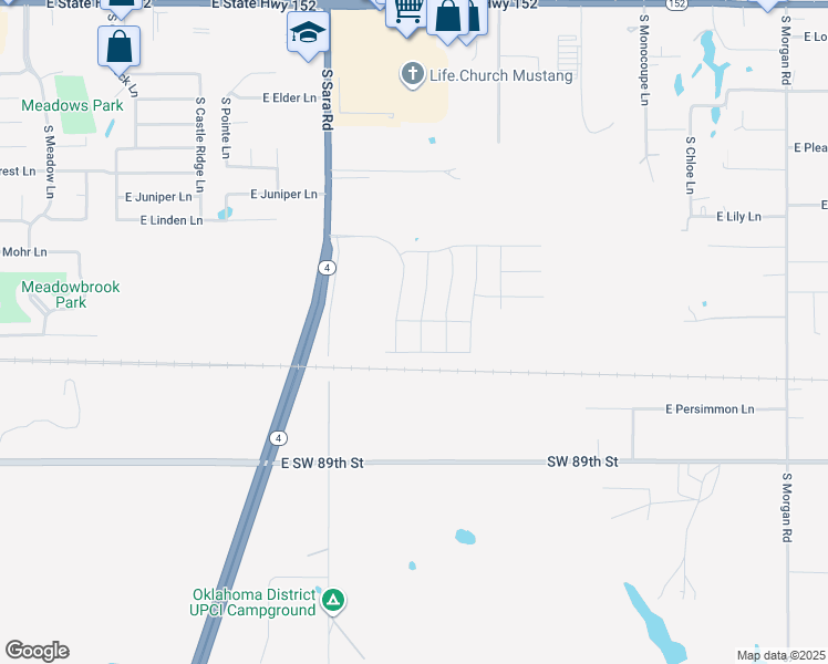 map of restaurants, bars, coffee shops, grocery stores, and more near 531 South Monocoupe Lane in Mustang