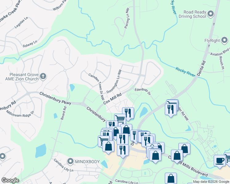 map of restaurants, bars, coffee shops, grocery stores, and more near 9591 Ledbury Court Northwest in Concord