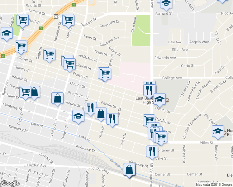 map of restaurants, bars, coffee shops, grocery stores, and more near in Kern County