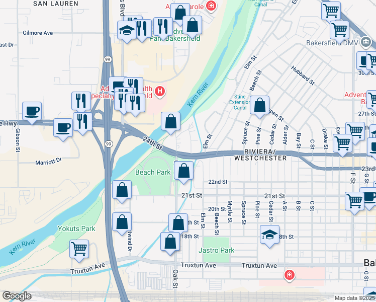 map of restaurants, bars, coffee shops, grocery stores, and more near 2480 Olive Street in Bakersfield