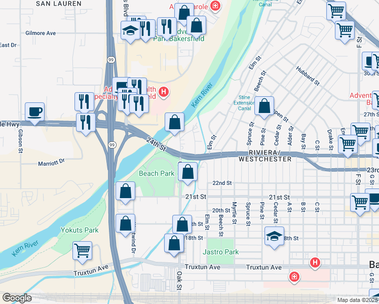 map of restaurants, bars, coffee shops, grocery stores, and more near 2416 Oak Street in Bakersfield