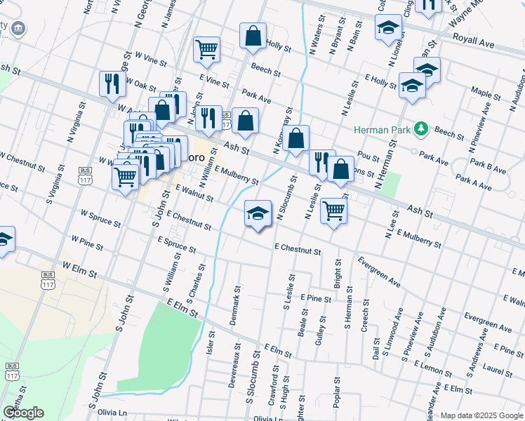 map of restaurants, bars, coffee shops, grocery stores, and more near 506 East Mulberry Street in Goldsboro