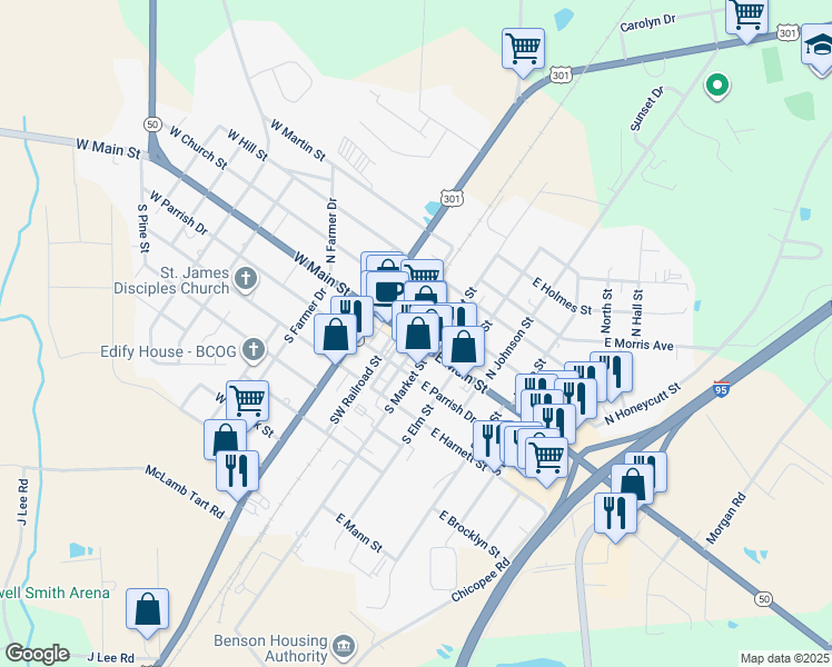map of restaurants, bars, coffee shops, grocery stores, and more near 109 North Railroad Street in Benson