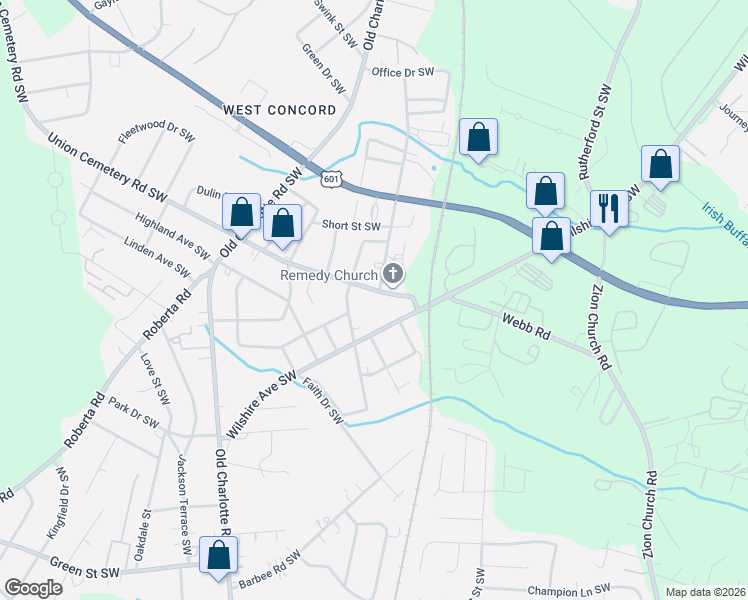 map of restaurants, bars, coffee shops, grocery stores, and more near 667 Union Cemetery Road Southwest in Concord