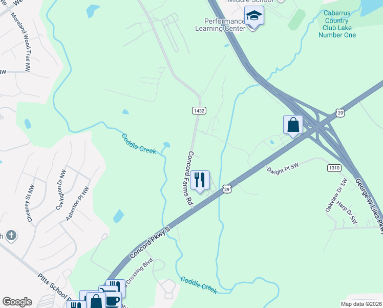 map of restaurants, bars, coffee shops, grocery stores, and more near 2525 Concord Farm Road in Concord