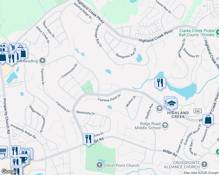 map of restaurants, bars, coffee shops, grocery stores, and more near 7006 Ravencrest Drive in Charlotte