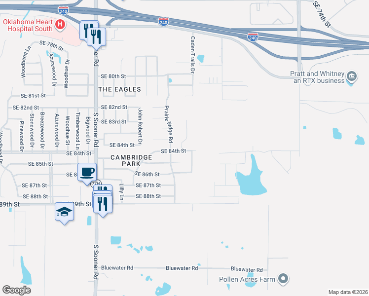 map of restaurants, bars, coffee shops, grocery stores, and more near 8409 Canyon Trail Drive in Oklahoma City