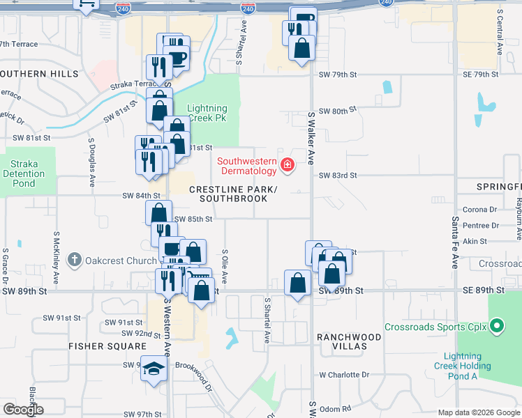 map of restaurants, bars, coffee shops, grocery stores, and more near 8420 South Shartel Avenue in Oklahoma City