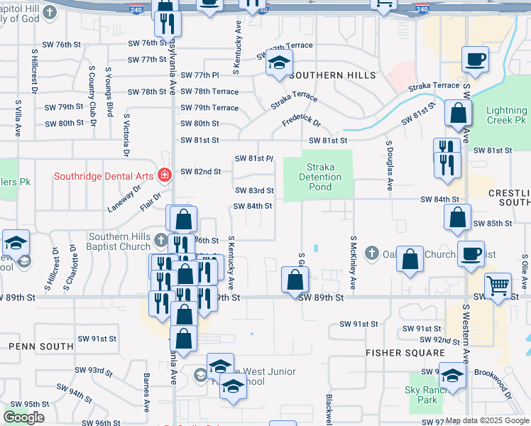 map of restaurants, bars, coffee shops, grocery stores, and more near 8401 South Indiana Avenue in Oklahoma City