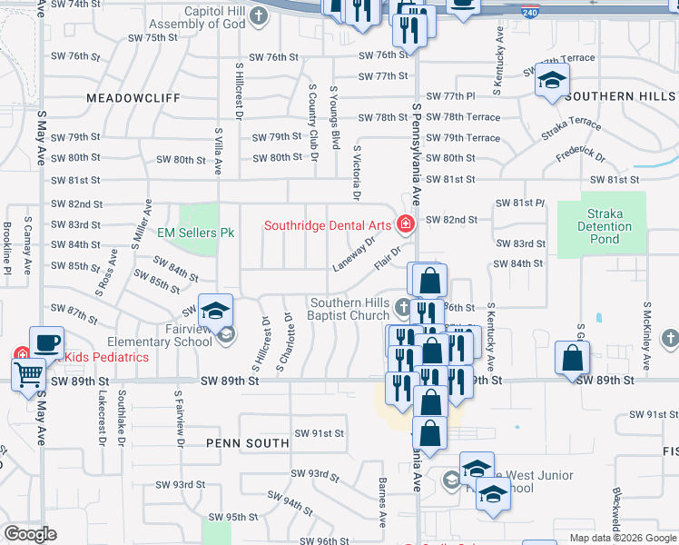 map of restaurants, bars, coffee shops, grocery stores, and more near 2229 Laneway Drive in Oklahoma City