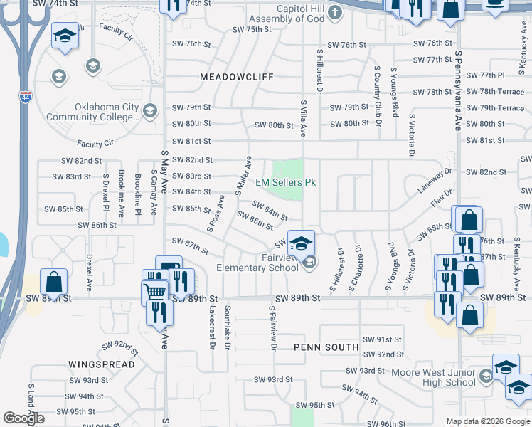 map of restaurants, bars, coffee shops, grocery stores, and more near 2637 Southwest 84th Street in Oklahoma City