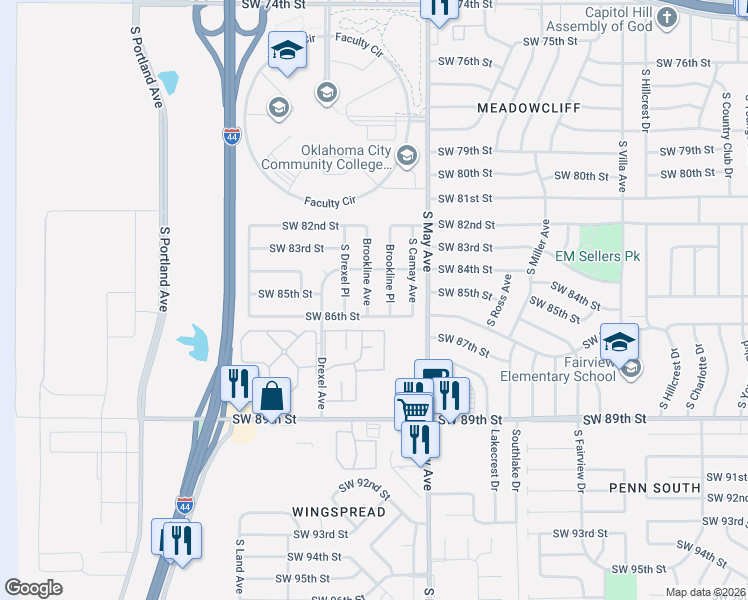 map of restaurants, bars, coffee shops, grocery stores, and more near 8505 Brookline Place in Oklahoma City