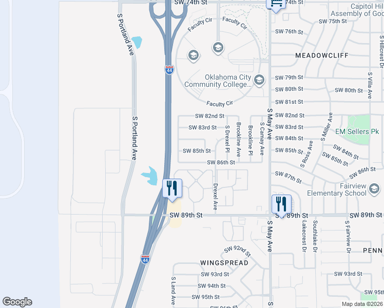 map of restaurants, bars, coffee shops, grocery stores, and more near 3220 Southwest 84th Street in Oklahoma City
