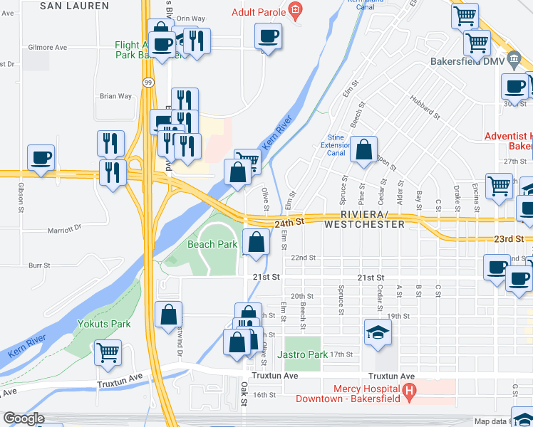map of restaurants, bars, coffee shops, grocery stores, and more near 2405 Olive Street in Bakersfield